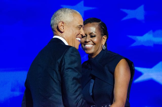 FILE: Former US President Barack Obama and Michelle Obama attend the 2024 Democratic National Convention in Chicago, Illinois, United States on August 20, 2024.