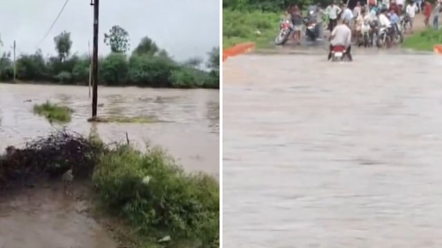 Snippets from a video show people crossing a river amid the risk of rising water levels in Madhya Pradesh. 