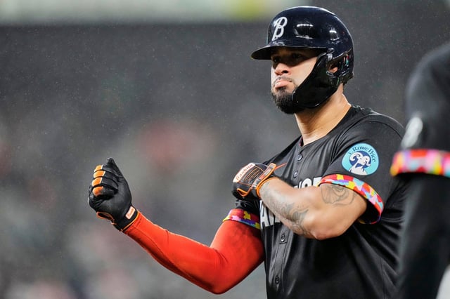 The Orioles&#39; Gary Sanchez celebrates after hitting a single during the third inning against the Rays on Friday night  in Baltimore. (AP Photo/Stephanie Scarbrough)