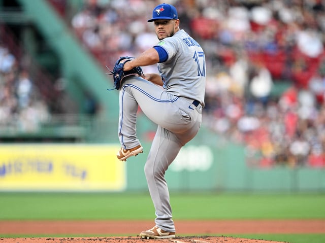 Jun 27, 2025; Boston, Massachusetts, USA; Toronto Blue Jays starting pitcher Jose Berrios (17) pitches against the Boston Red Sox during the first inning at Fenway Park. Mandatory Credit: Brian Fluharty-Imagn Images