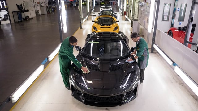 Lotus cars on the production line at the Hethel factory in Norfolk, where production could be shuttered