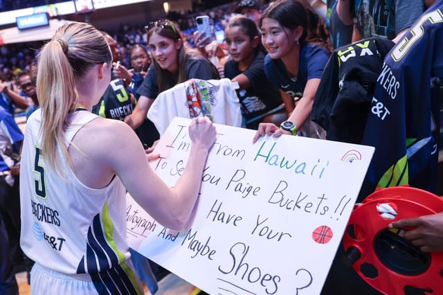Dallas Wings guard Paige Bueckers gives autographs to fans following her team s win in an WNBA basketball game, on Tuesday, June 24, 2025, at College Park Center in Arlington. (Shafkat Anowar/The Dallas Morning News/Shafkat Anowar)