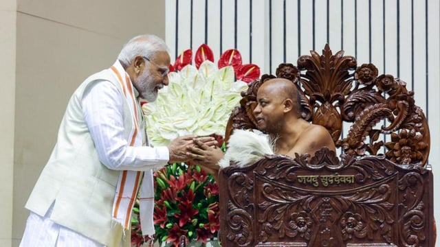 Prime Minister Narendra Modi on Saturday attended the centenary celebrations of Jain spiritual leader Acharya Vidyanand Maharaj at Vigyan Bhawan in New Delhi. (DPR PMO)