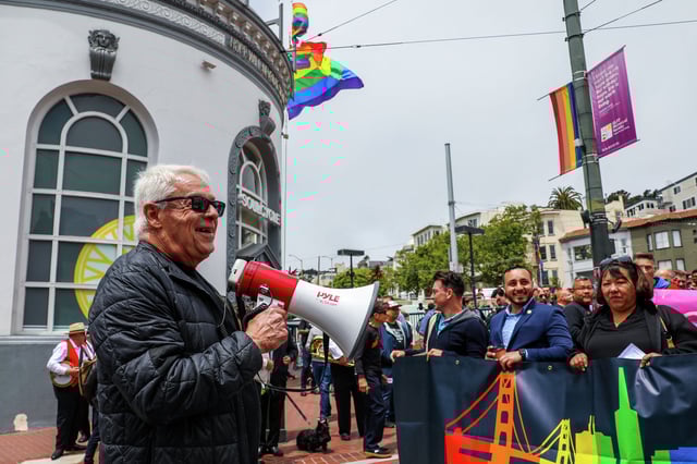 Cleve Jones, an LGBTQ activist and friend of the pioneering San Francisco Supervisor Harvey Milk, speaks to a crowd at Harvey Milk Plaza in the Castro neighborhood Wednesday. 