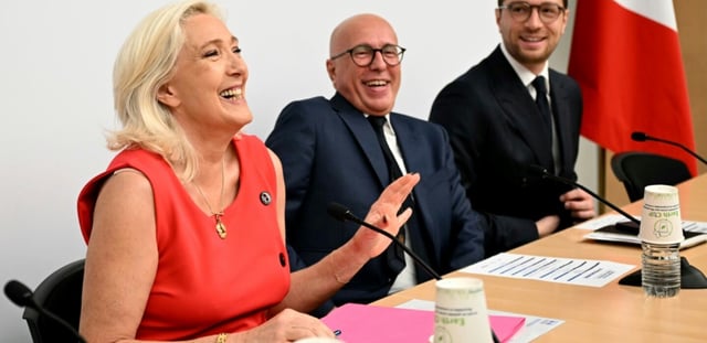 Marine Le Pen, Eric Ciotti et Jordan Bardella, à l'Assemblée nationale à Paris, le 28 juin 2025