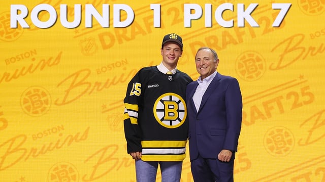 LOS ANGELES, CALIFORNIA – JUNE 27: James Hagens poses with NHL commissioner Gary Bettman after being drafted by the Boston Bruins with the number seven overall pick during the first round of the 2025 Upper Deck NHL Draft at the Peacock Theater on June 27, 2025 in Los Angeles, California.