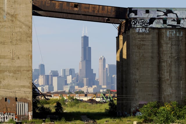 CHICAGO – JULY 15:  A partial view of the Chicago Skyline, as photographed through the Damen Silos in Chicago, Illinois on JULY 15.  (Photo By Raymond Boyd/Michael Ochs Archives/Getty Images)