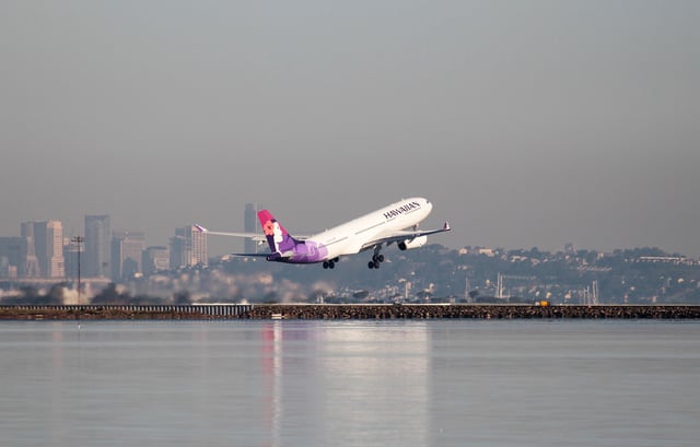 A Hawaiian Airlines Airbus A330-200 takes off at San Francisco International Airport, San Francisco, California, February 16, 2015.