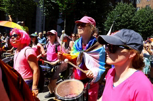 People gather for the Budapest Pride march in Hungary's capital on Saturday.