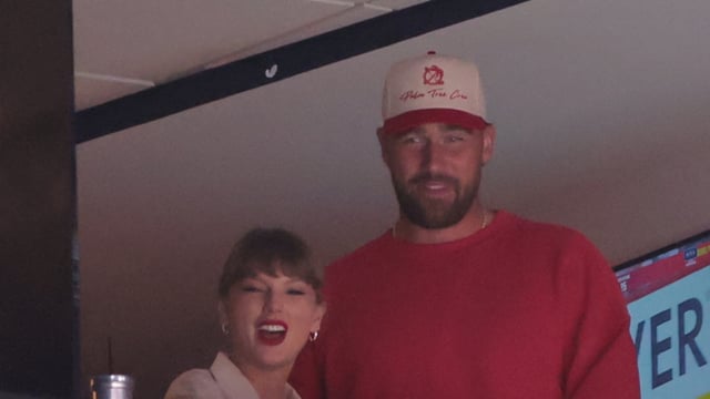Taylor Swift surprised fans at the Tight End University event in Nashville, performing her hit Love Story with NFL stars Travis Kelce and George Kittle. - Credit: Sam Navarro-Imagn Images