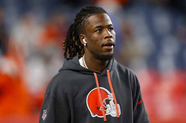 Jerry Jeudy #3 of the Cleveland Browns looks on during warm ups prior to the game against the Denver Broncos at Empower Field At Mile High on December 02, 2024 in Denver, Colorado.