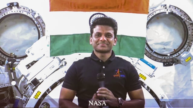 Group Captain Shubhanshu Shukla, who is aboard the International Space Station as part of a commercial mission operated by Axiom Space, during an interaction with Prime Minister Narendra Modi. 
