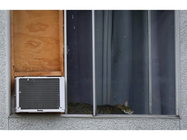 A cat sleeps in an apartment window beside an air conditioner, in Burnaby, B.C., on Saturday, August 5, 2023.