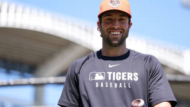Feb 23, 2025; Tampa, Florida, USA; Detroit Tigers outfielder Matt Vierling (8) looks on before a game against the New York Yankees during spring training at George M. Steinbrenner Field. Mandatory Credit: Nathan Ray Seebeck-Imagn Images