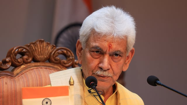 Jammu and Kashmir lieutenant governor Manoj Sinha addressing a press conference in Srinagar.