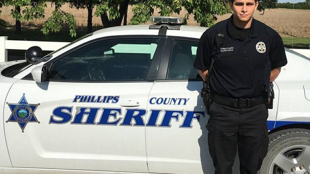 A photo of Brandon Gaede on his first day with the Phillips County Sheriff’s Office in June 2017. Gaede was killed in a shoot-out Friday night that also killed the suspect, an official said.