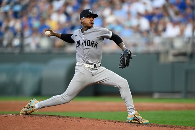 FILE - New York Yankees starting pitcher Marcus Stroman throws to a Kansas City Royals batter during the fifth inning of a baseball game, June 11, 2024, in Kansas City, Mo. (AP Photo/Reed Hoffmann, File)