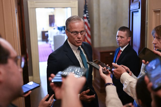Senate Majority Leader John Thune, Republican of South Dakota, speaks to reporters at the US Capitol in Washington, DC, on June 27, 2025.  