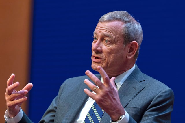 Chief Justice of the US Supreme Court John Roberts speaks during a lecture to the Georgetown Law School graduating class of 2025, in Washington, May 12, 2025.
