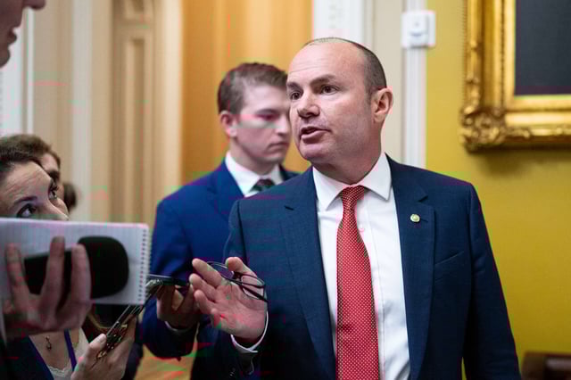 Sen. Mike Lee speaks to reporters as he arrives for the Senate Republicans' lunch meeting in the U.S. Capitol on Tuesday, June 17, 2025, in Washington, D.C.