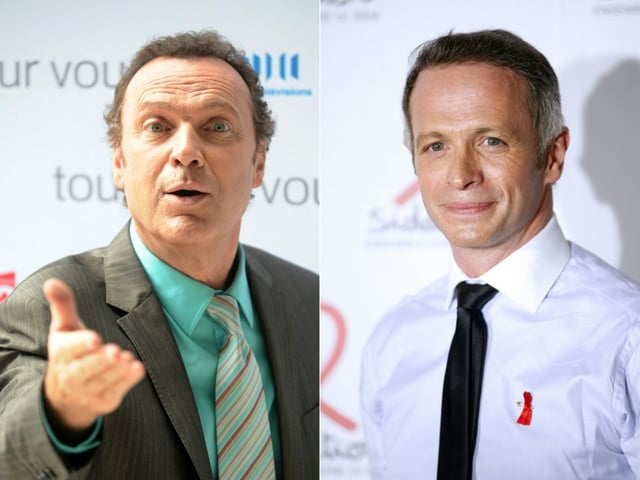 Montage de photos datant du 29 janvier 2016 des deux présentateurs du jeu Questions pour un champion : Julien Lepers (g) le 27 oût 2009 et Samuel Etienne le 12 mars 2012 à Paris