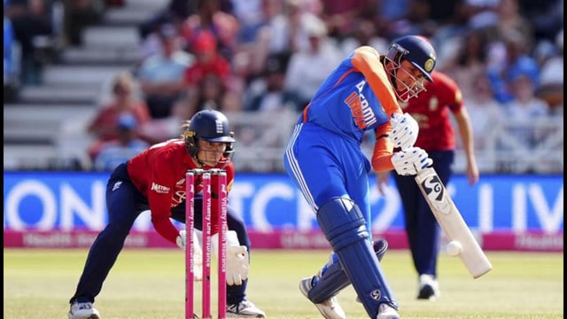 India’s Smriti Mandhana on way to scoring a 62-ball 112 in the first T20I against England at Trent Bridge, Nottingham on Saturday. (AP)