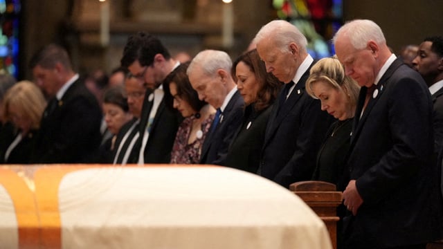 Lt. Gov. Peggy Flanagan, former Minnesota Gov. Mark Dayton, former US Vice President Kamala Harris, former US President Joe Biden, Gwen Walz, and Minnesota Gov. Tim Walz attend Melussa Hortman and her husband's funeral services. Alex Kormann/Pool via REUTERS TPX IMAGES OF THE DAY