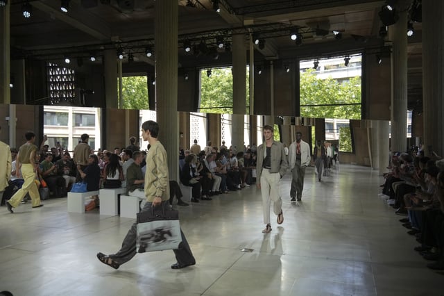 Models wear creations as part of the men's Hermes Spring-Summer 2026 collection, that was presented in Paris Saturday, June 28, 2025. (AP Photo/Michel Euler)