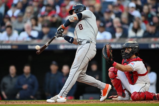 CLEVELAND, OHIO - OCTOBER 07: Matt Vierling #8 of the Detroit Tigers hits a double in the eighth inning against the Cleveland Guardians during Game Two of the Division Series at Progressive Field on October 07, 2024 in Cleveland, Ohio