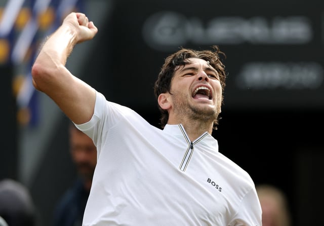 Tennis - Eastbourne Open - Devonshire Park Lawn Tennis Club, Eastbourne, Britain - June 28, 2025 Taylor Fritz of the U.S. celebrates winning the men's singles final against Jenson Brooksby of the U.S. Action Images via Reuters/Paul Childs