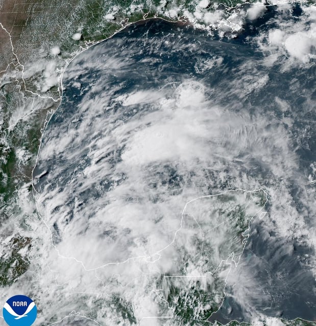 Shown is the satellite view of Tropical Depression Two, located in the far southern Gulf of Mexico.