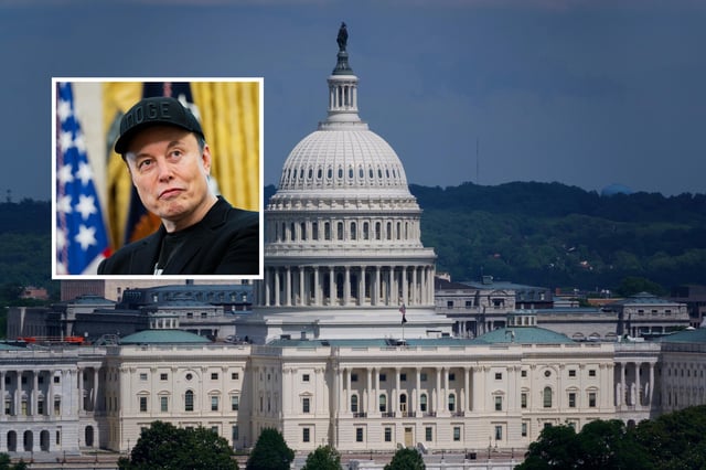 The U.S. Capitol Building is seen on June 7, 2025 in Washington, DC. INSET: Elon Musk looks on during a news conference with US President Donald Trump in the Oval Office of the White House in Washington, DC, on May 30, 2025.