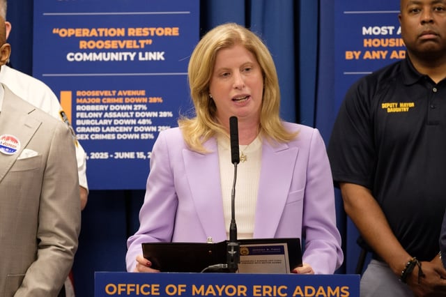 NYPD Commissioner Jessica Tisch speaks at a press conference at the NYPD&#39;s 115th Precinct station house in Queens, New York City on Tuesday, June 24, 2025. (Gardiner Anderson / New York Daily News)