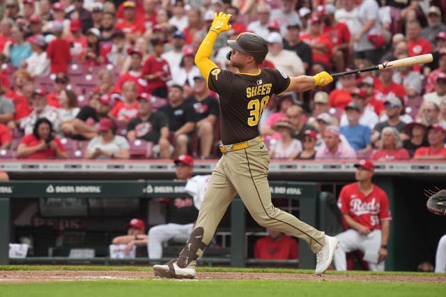 CINCINNATI, OHIO – JUNE 28: Gavin Sheets #30 of the San Diego Padres hits a two run home run during the seventh inning against the Cincinnati Reds at Great American Ball Park on June 28, 2025 in Cincinnati, Ohio. (Photo by Jason Mowry/Getty Images)