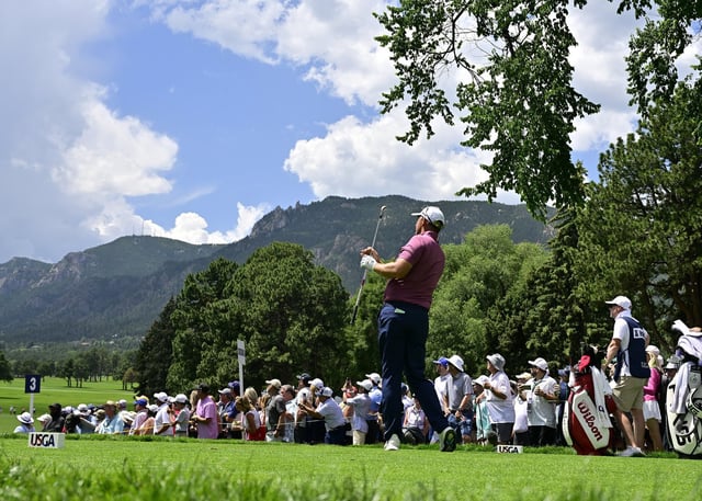 Padraig Harrington watches flight his tee shot on the fourth hole during the third round of the U.S. Senior Open Championship golf tournament at The Broadmoor, Saturday, June 28, 2025, in Colorado Springs, Colo. (Andy Cross/The Denver Post via AP)