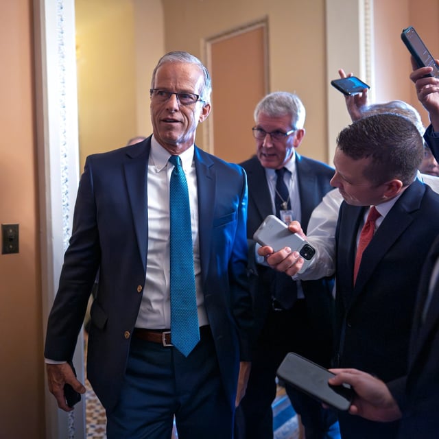 Senate Majority Leader John Thune, R-S.D., arrives for a closed-door Republican meeting to advance President Donald Trump's sweeping domestic policy bill, at the Capitol in Washington, Friday, June 27, 2025. (AP Photo/J. Scott Applewhite)