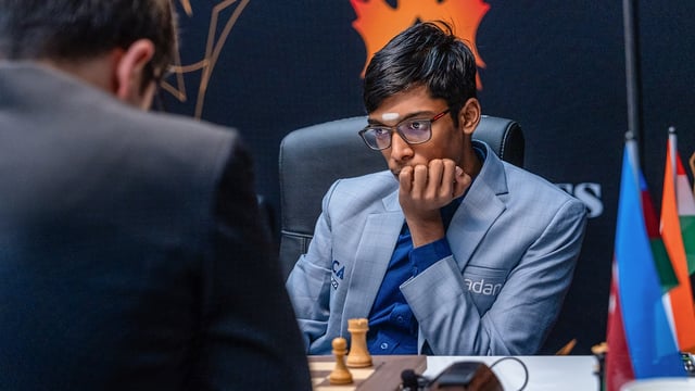 Grandmaster R Praggnanandhaa in action during a match.