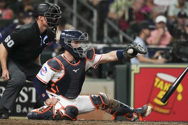 Houston Astros catcher César Salazar is seen during the eighth inning of an MLB baseball game in Houston, Saturday, June 28, 2025.