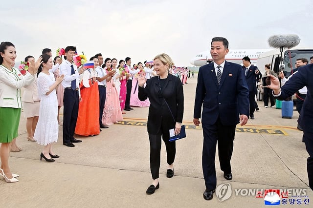 Russia's Culture Minister Olga Lyubimova (L) arrives in Pyongyang on June 28, 2025, in this photo released by North Korea's official Korean Central News Agency the next day. (For Use Only in the Republic of Korea. No Redistribution) (Yonhap)