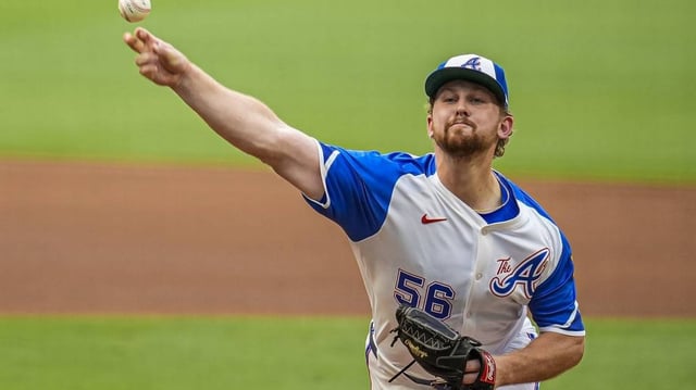 Jun 28, 2025; Cumberland, Georgia, USA; Atlanta Braves starting pitcher Spencer Schwellenbach (56) pitches against the Philadelphia Phillies during the first inning at Truist Park. Mandatory Credit: Dale Zanine-Imagn Images