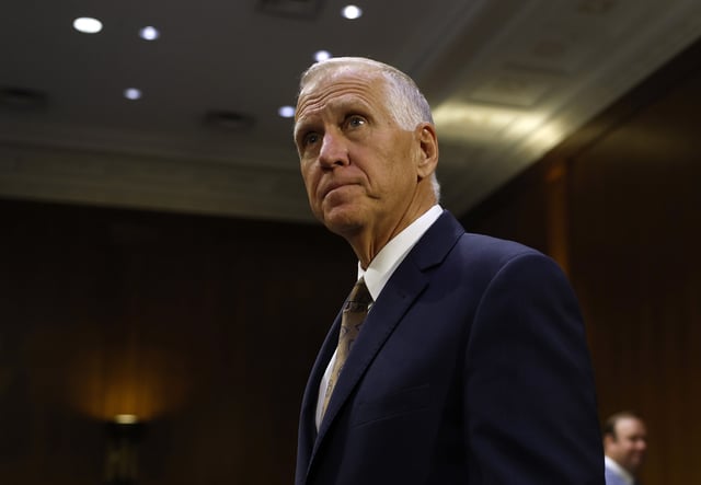 U.S. Sen. Thom Tillis (R-NC) arrives for a Senate Veterans Affairs Committee hearing with U.S. Secretary of Veterans Affairs Doug Collins in the Dirksen Senate Office Building on May 06, 2025 in Washington, DC.