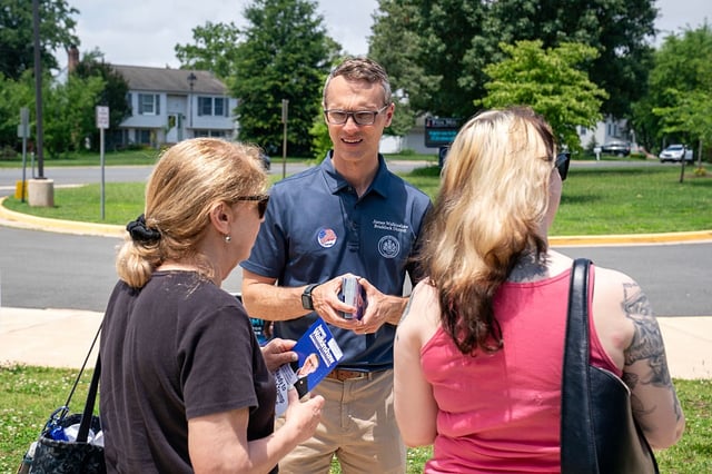 Fairfax County Supervisor James Walkinshaw, here outside a polling location in Herndon, Va., on June 17, is the Democratic nominee in the special election for the commonwealth's 11th District. (Maxine Wallace/The Washington Post via Getty Images)