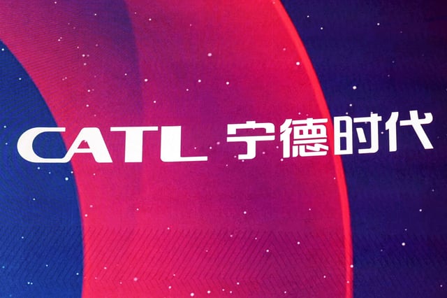 A screen shows the logo of the Contemporary Amperex Technology (CATL) during the listing ceremony at the Hong Kong Stock Exchange in Hong Kong, China, May 20, 2025. REUTERS/Tyrone Siu/File Photo