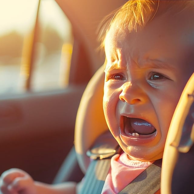 Ein Baby weint im Autositz