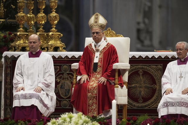 Pope Leo XIV celebrates a Mass in St. Peter's Basilica at the Vatican, where he will bless the pallia for the new metropolitan archbishops, Sunday, June 29, 2025. (AP Photo/Andrew Medichini)