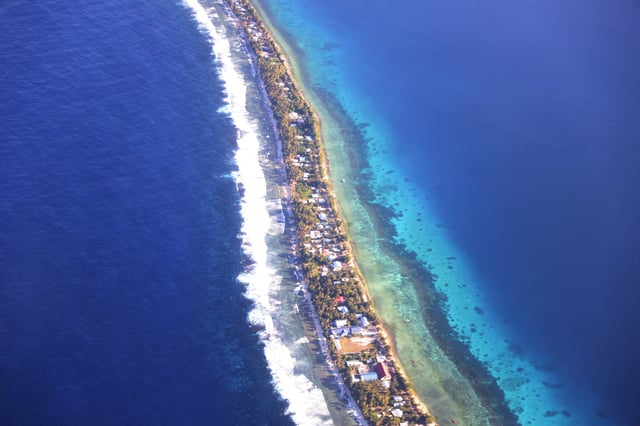 Aerial view of Funafuti, Tuvalu’s most populous island, September 6, 2024. Picture taken through plane window. REUTERS/Kirsty Needham/File Photo