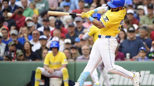Jun 28, 2025; Boston, Massachusetts, USA; Boston Red Sox right fielder Wilyer Abreu (52) hits an RBI double during the second inning against the Toronto Blue Jays at Fenway Park. Mandatory Credit: Bob DeChiara-Imagn Images