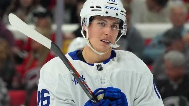 Toronto Maple Leafs right wing Mitchell Marner (16) looks on against the Carolina Hurricanes during the second period at PNC Arena.