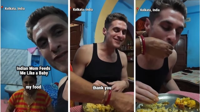 Indian mother feeds American vlogger with her hands. Internet hearts viral video