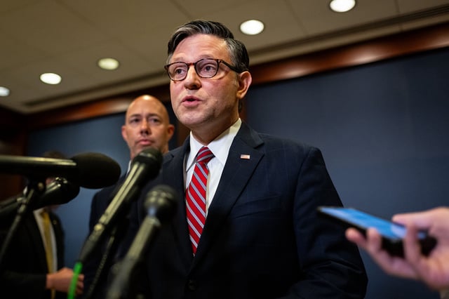 House Speaker Mike Johnson speaks to members of the media after a briefing with members of Congress at the US Capitol in Washington, DC, on Friday, June 27.